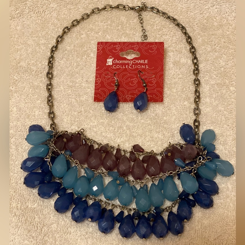 Charming Charlie’s 3 colored Crystal-like beads necklace with matching earrings